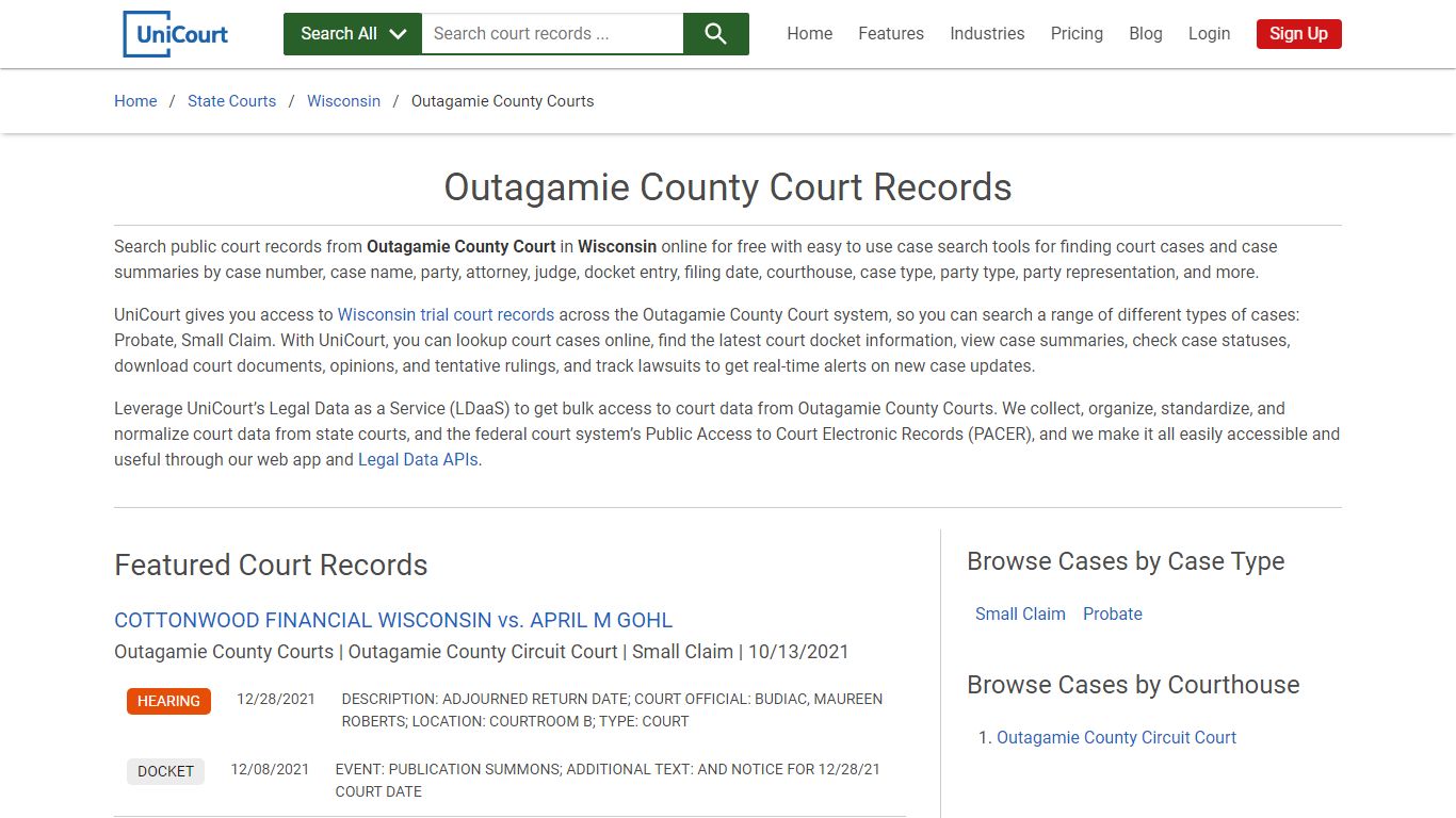 Outagamie County Court Records | Wisconsin | UniCourt